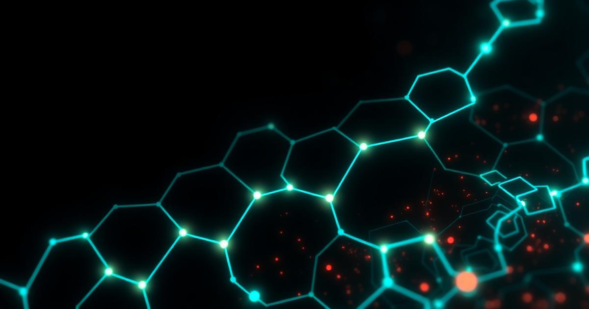 Blockchain-Netzwerk mit hexagonalen Knoten als Symbol für Krypto-Trading und Mining